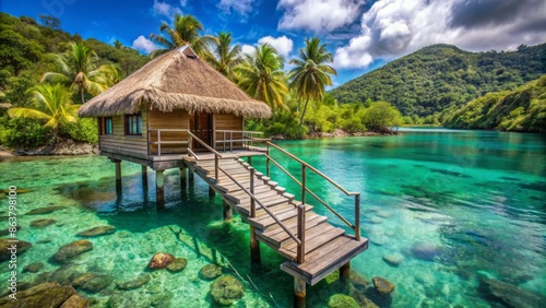Serene overwater hut bungalow with wooden steps descending into a tranquil turquoise ocean lagoon surrounded by lush green vegetation. photo