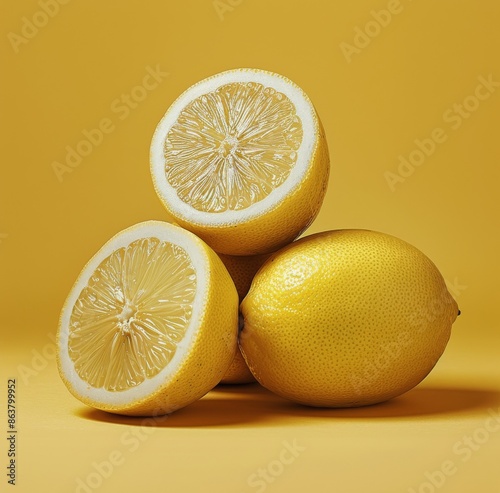 Two Whole Lemons and One Half Lemon With Green Leaves on a Yellow Background