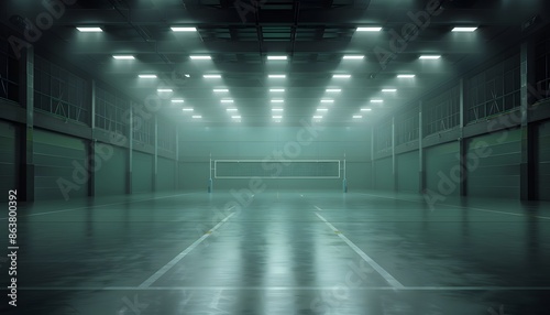 An empty indoor volleyball court with a net in the center, illuminated by fluorescent lights