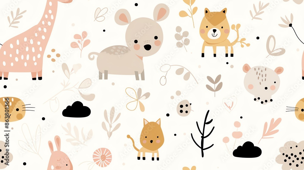 Obraz premium Minimalist art seamless pattern, hand-drawn wildlife animals in soft pastel colors