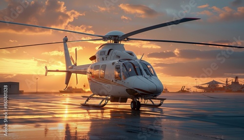Red Helicopter Parked on a Wet Runway at Sunset