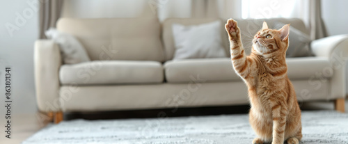Ginger tabby cat sitting on a carpet, playfully reaching up with its paw in a cozy living room