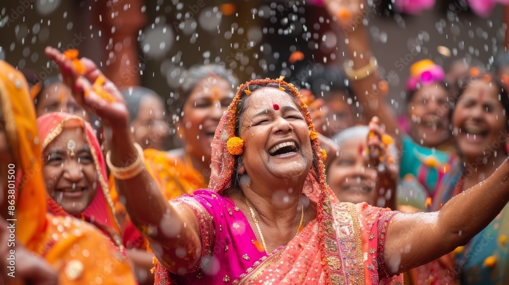 Obraz premium Elderly Indian woman celebrating in the rain with a wide smile and arms outstretched, surrounded by women in colorful saris
