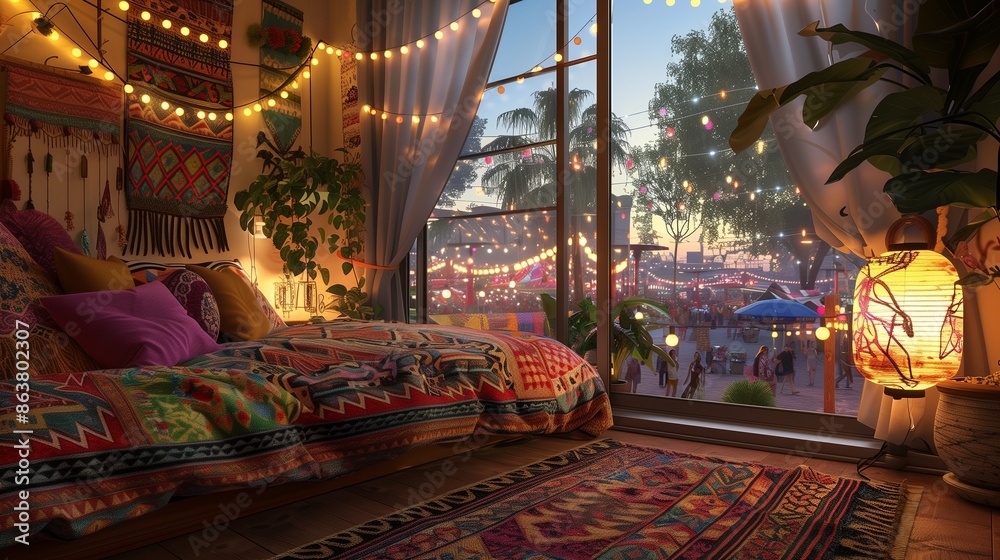 Obraz premium A guest room with a vibrant, festival theme, featuring a bed with colorful, ethnic bedding, string lights, boho decor, and a large window with a view of a lively street festival.