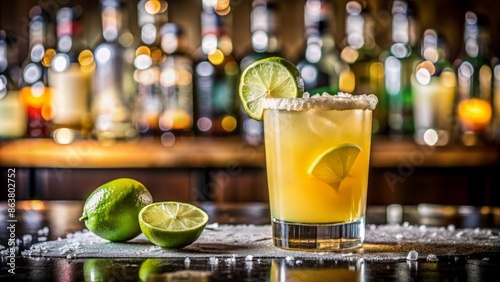 Freshly poured citrus-flavored cocktail with salt rim and lime garnish sits solo on a sleek bar counter with blurred ambiance. photo