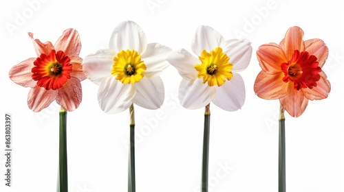 Colorful daffodils isolated on white background.