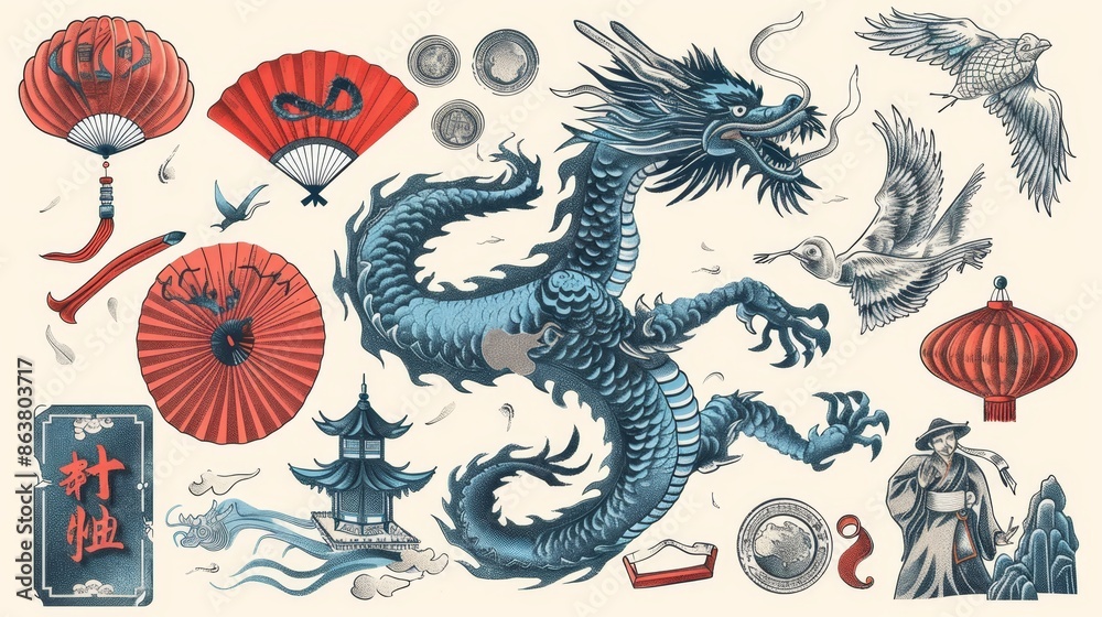 Fototapeta premium Design elements of China travel and oriental culture featuring a blue dragon and red paper lantern, folding fan and a chinaman wearing a bamboo hat. Chinese sketches with hieroglyphs and coins.
