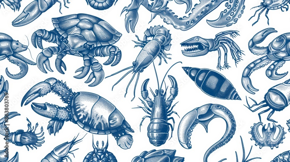 Ocean or sea animals seamless pattern of sea lobster crab and shrimp ...