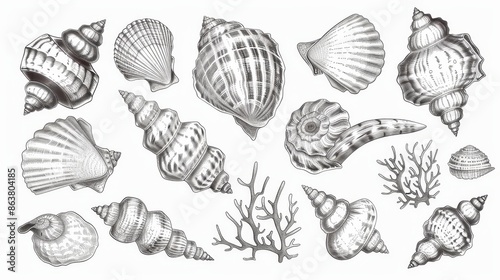 A seashell frame of sketched mollusks and coral of marine clams, snails, chitons, tusks, scallops, nautiluses, and cockleshells. photo