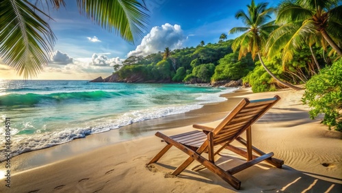 Serenity exudes from a vacant wooden deck chair on a sun-kissed tropical beach surrounded by lush greenery and turquoise ocean waves.