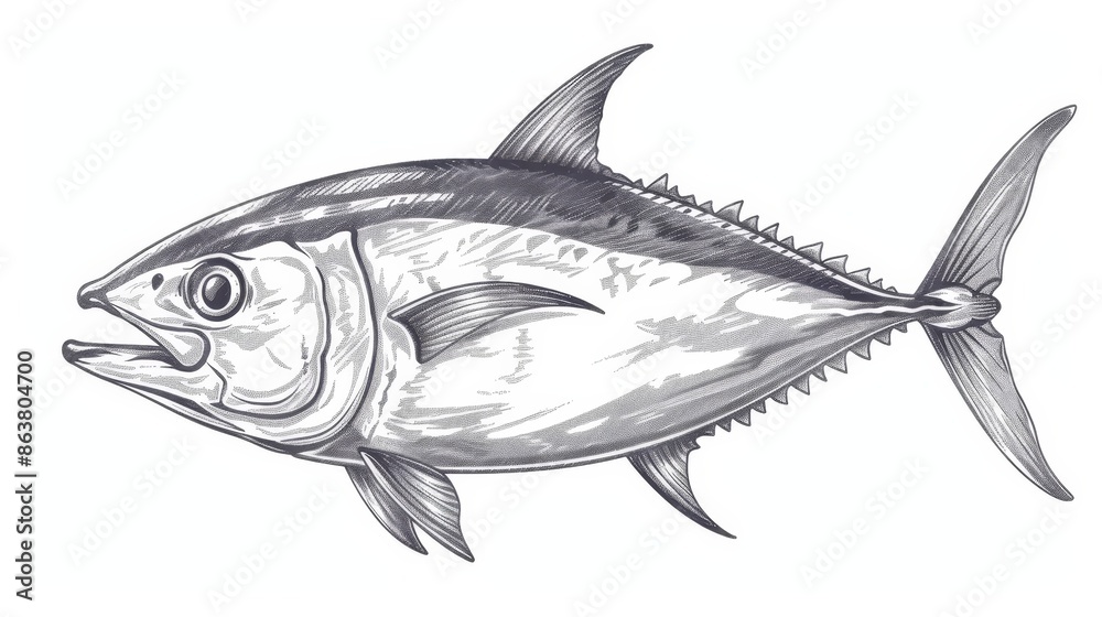 Fototapeta premium Grizzled scombridae mackerel, a predatory schooling fish, isolated in monochrome. Modern fishing sport mascot, tunny underwater animal.