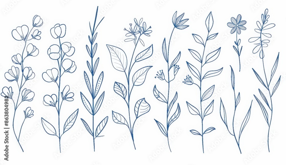 The outline of twigs and sprigs with berries, leaf plants and flowers. Modern doodle leaves with a black and white floral pattern. The outline of twigs and sprigs with berries, leaf plants and flowers. Modern doodle leaves with a black and white floral pattern.