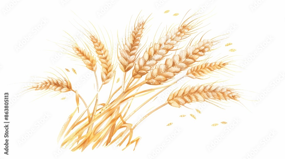 Wheat spikes isolated, bakery symbol sketch. Modern golden grain spikes