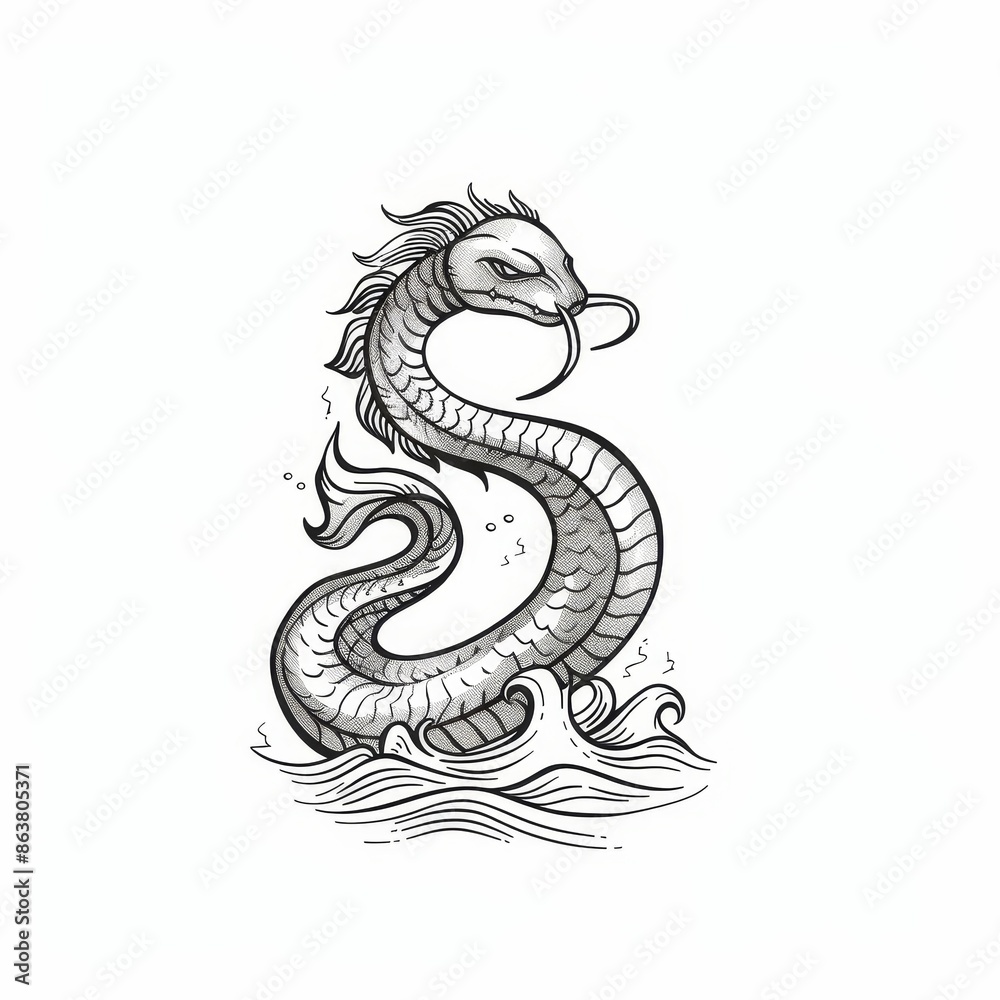 Naklejka premium Dragon with magical depth horror, mythical depth horror isolated monochrome sketch icon. Modern retro biblic history leviathan animal, Abaia fantastic fierce.