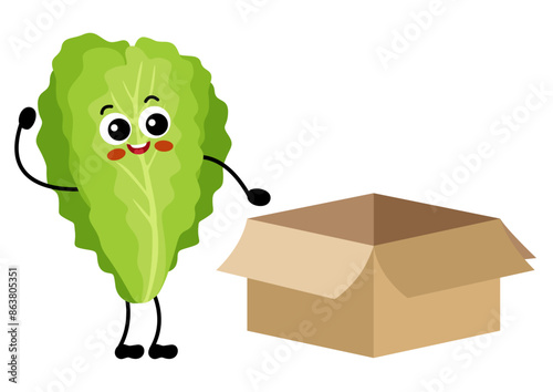Funny lettuce character mascot with open cardboard box
