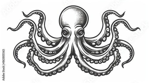 This is a monochrome sketch of an isolated North Pacific great octopus with eight arms. Kraken, devilfish, or pouple aquatic animal with head and suckers, a cephalopod creature. photo