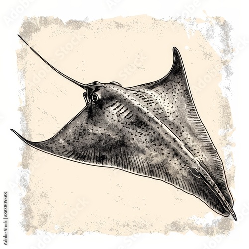 Maritime marine animal manta ray isolated in dots monochrome sketch icon. Modern nautical creature with flattened shape body, Batoidea stingray sankar fish, long tail, and outstretched pectoral fins. photo