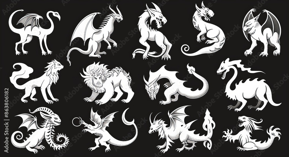 An illustration of Medieval Heraldic creatures including a unicorn, dragon, and griffin, all modern symbols. Heraldry illustration of mythic creatures, a unicorn, dragon, and pegasus, a mermaid with An illustration of Medieval Heraldic creatures including a unicorn, dragon, and griffin, all modern symbols. Heraldry illustration of mythic creatures, a unicorn, dragon, and pegasus, a mermaid with