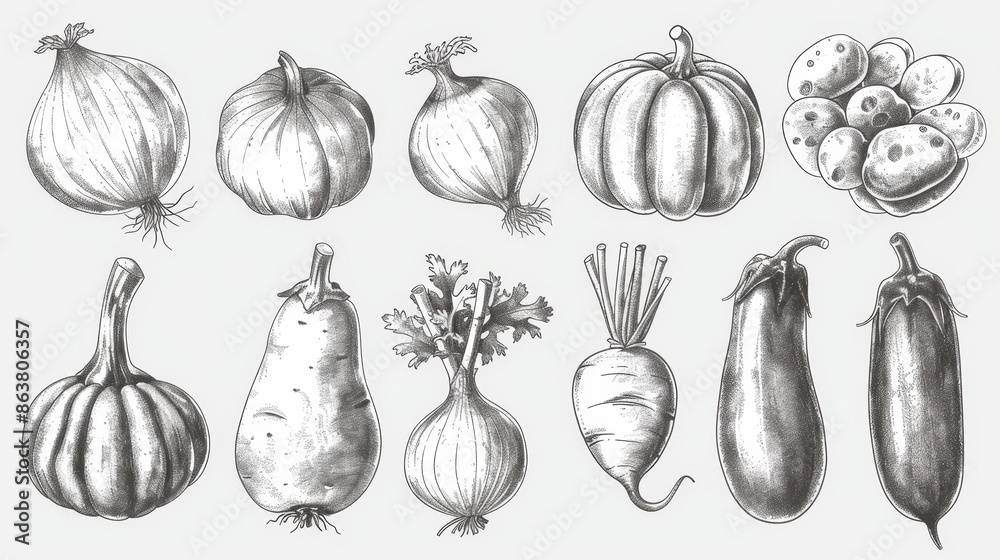 A sketch of carrots, onions, potatoes, cucumbers, kohlrabi, scallions and patty pan squash vegetables. For use in kitchens, agriculture, and recipe books. A sketch of carrots, onions, potatoes, cucumbers, kohlrabi, scallions and patty pan squash vegetables. For use in kitchens, agriculture, and recipe books.