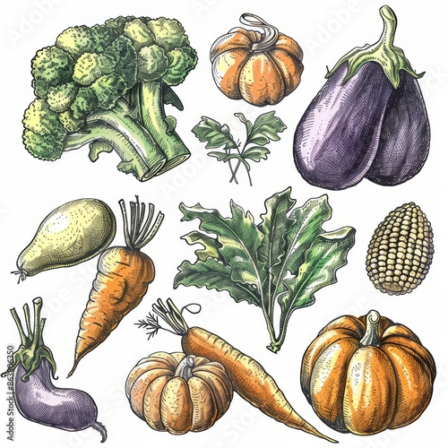 These vegetable sketches include broccoli, eggplant, tomato, bell pepper, corn, green pea, garlic, pumpkin, asparagus, cauliflower, beet, and daikon. Themes are related to agriculture, cooking, or photo