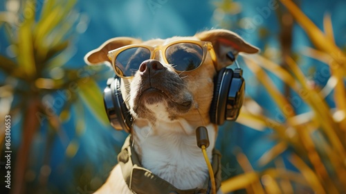 Portrait photo of funny dog  wearing neon sunglasses and headphone , studio shooting high quality photo pet   background, wallpaper, wall art photo