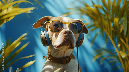 Portrait photo of funny dog  wearing neon sunglasses and headphone , studio shooting high quality photo pet   background, wallpaper, wall art photo