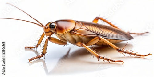 Close-up photo of a cockroach on a white background, with copy space, with empty space, no text © Bounpaseuth