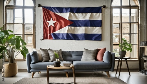 The flag of Cuba hangs in the living room at home. The flag is in house. photo