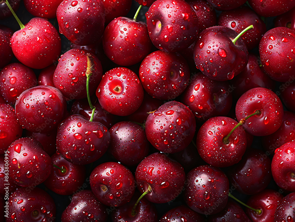 A close up shot of ripe red cherries. The cherries are glistening with moisture. A close up shot of ripe red cherries. The cherries are glistening with moisture.