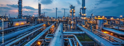 Industrial Complex at Dusk With Illuminated Towers and Pipelines