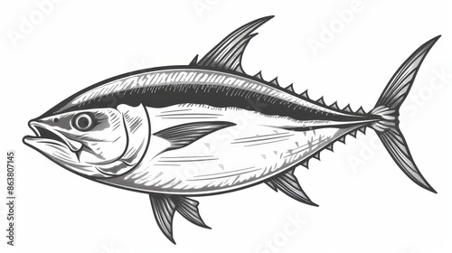 Bluefin predatory schooling fish isolated monochrome sketch. Modern fishing sport mascot, tunny underwater animal. Microscopic Scombridae mackerel, predatory schooling fish hand drawn, tribe photo