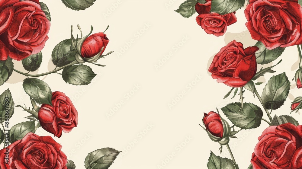 Naklejka premium With rose sketch flowers on a red background, this modern funeral card offers deepest sympathy typography. This is a vintage card with blossom border, with a funeral frame with roses and leaves on