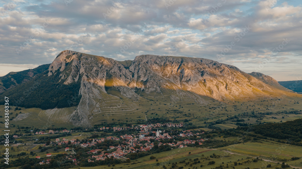 Fototapeta premium Impressive panorama view on Rimetea Village. Outstanding view of Piatra Secuiului mountains