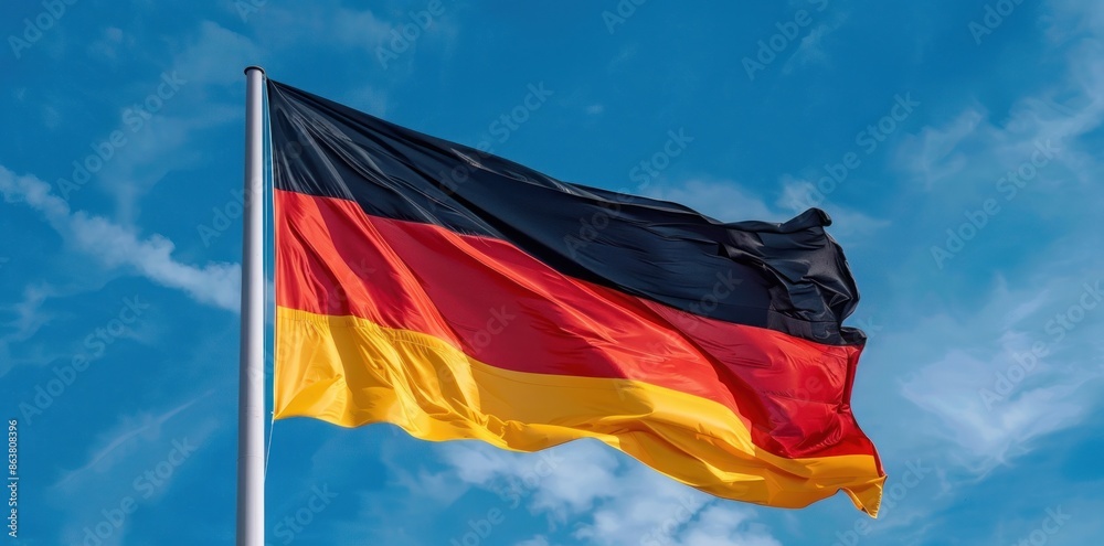 The German Flag Proudly Waves Against a Blue Sky: A Symbol of Unity and Pride Generative ai The German Flag Proudly Waves Against a Blue Sky: A Symbol of Unity and Pride Generative ai