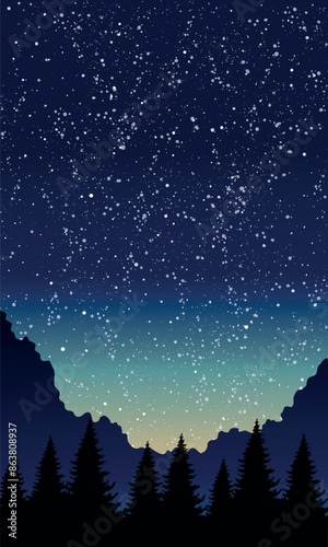 Night sky with stars and silhouette of pine trees. Vector illustration with gradient sky and mountain landscape. Nature and outdoor concept for poster and wallpaper.