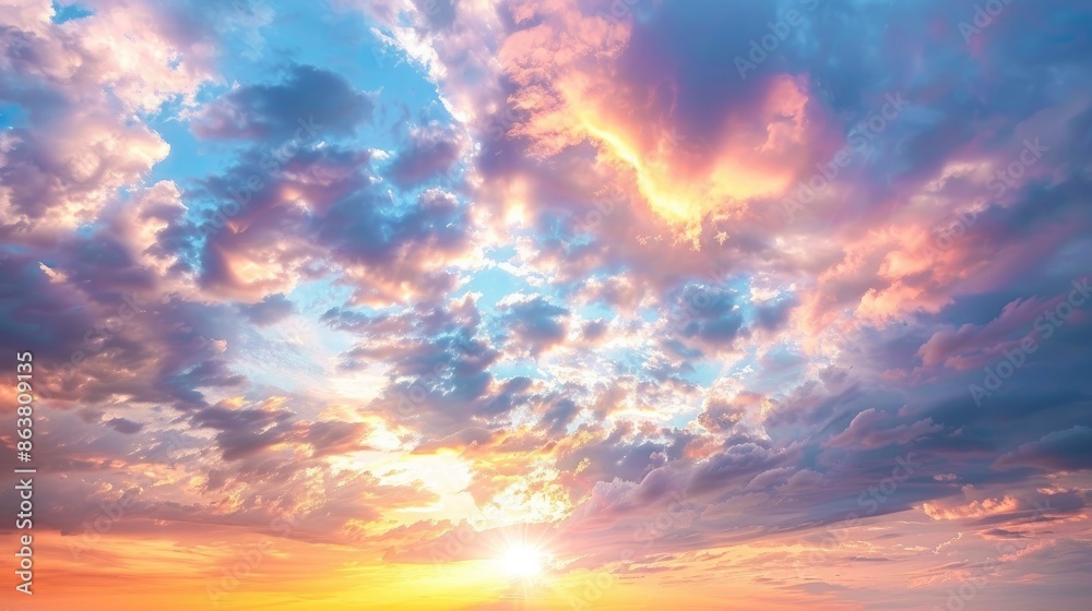 Obraz premium Majestic sunrise and sunset sky with gentle colorful clouds panoramic view