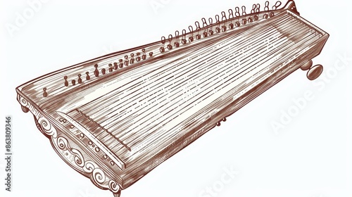 This is a sketch of a zither musical instrument with a modern retro chord. The stringed wooden object is isolated.