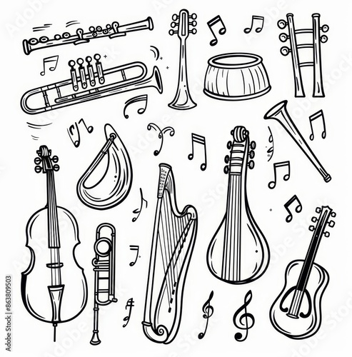 Modern sketch of musical instruments, including harps, tuba, bugle and clarinet, trumpet, vintage lyre, balalaika and gusli, cornet and cymbalo, tar and saz, kamancheh and tanbur, and music photo