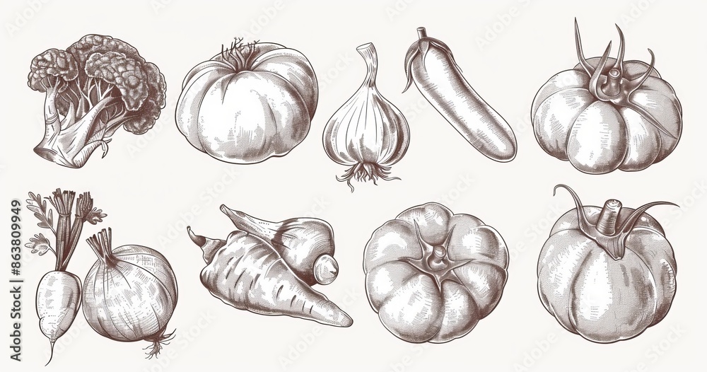 Fototapeta premium Modern sketches of fresh farm vegetables. Tomato, carrot, broccoli, cabbage, pepper, onion, garlic, radish, cauliflower, zucchini, corn, peas and pumpkin are isolated among many others.
