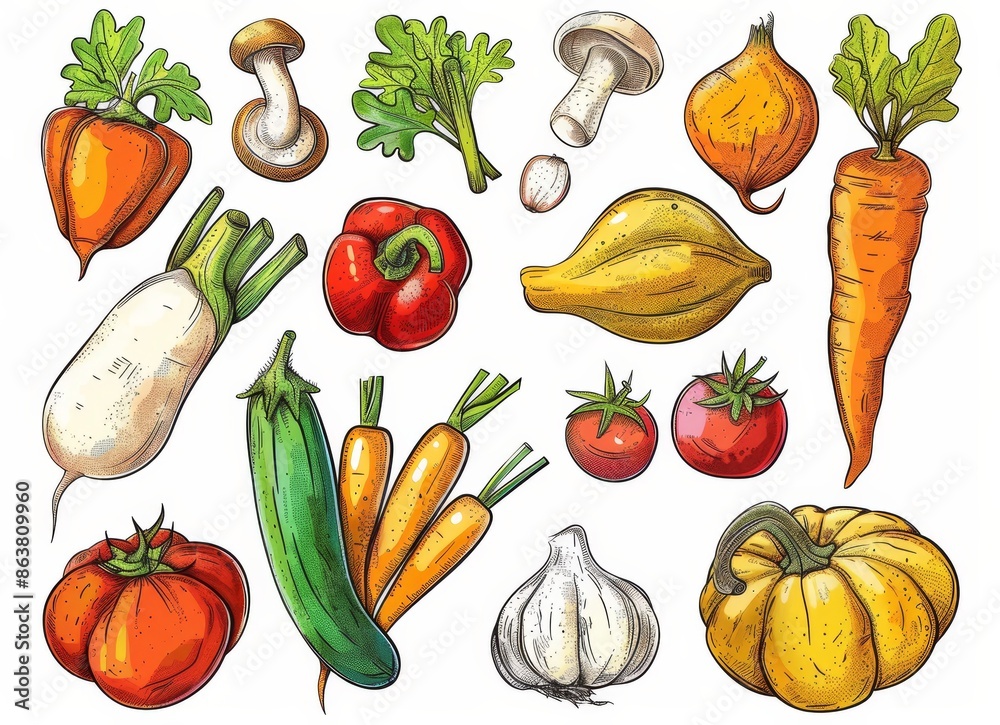 Various vegetables icons isolated on black background. Cauliflower, tomato and broccoli, bell pepper and beet, radish and bean, corn and garlic, asparagus, zucchini and pumpkin, carrot and cabbage. Various vegetables icons isolated on black background. Cauliflower, tomato and broccoli, bell pepper and beet, radish and bean, corn and garlic, asparagus, zucchini and pumpkin, carrot and cabbage.