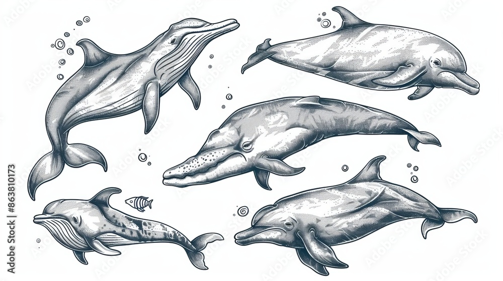 Underwater creatures swimming and jumping in water, toothed whale engravings and bottlenose dolphin drawings. Modern sketches of whales, dolphins, narwhals, and sperm whales. Underwater creatures swimming and jumping in water, toothed whale engravings and bottlenose dolphin drawings. Modern sketches of whales, dolphins, narwhals, and sperm whales.