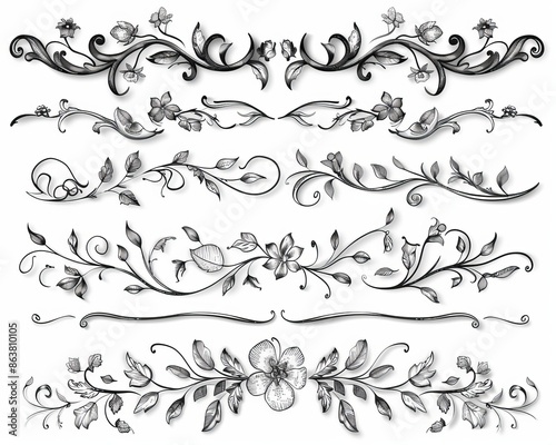Intricate border and frame borders, floral ornament motif dividers, modern decorations. Vintage flower embellishments or borders and corner frames decor, scroll swirl dividers with flower and leaf
