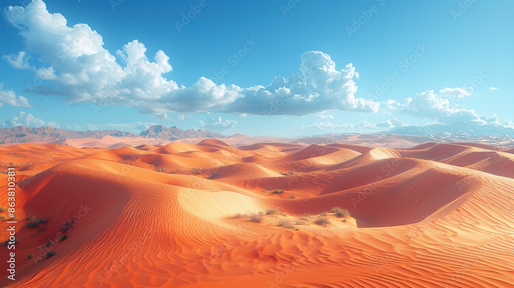 Naklejka premium Sweeping sand dunes in a vast desert landscape, with intricate patterns formed by the wind and a clear blue sky.
