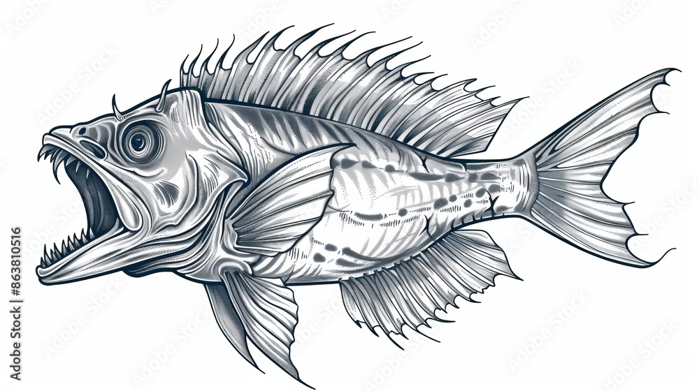 Fototapeta premium Fish with jaws: lyngbakr hafgufa underwater beast fish isolated monochrome sketch icon. Mythical sea creature dragonfish, underwater dinosaur living on ocean floor.
