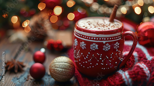 Wallpaper Mural Hot Chocolate with Warm Cozy Mug with Red Color and Christmas Decoration Background Torontodigital.ca
