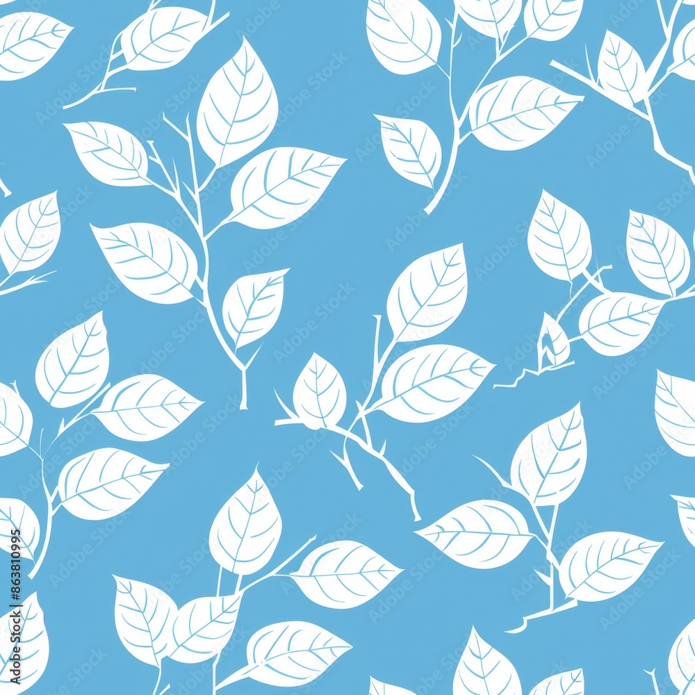 Seamless floral pattern with white leaves on a blue background.  Vector illustration for textiles, wallpaper, and decorative design.