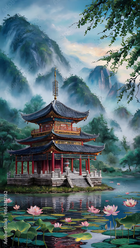 A serene and picturesque scene of a traditional East Asian pagoda nestled amidst misty mountains. A serene and picturesque scene of a traditional East Asian pagoda nestled amidst misty mountains.