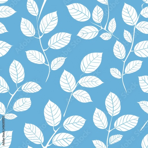 Seamless floral pattern with white leaves on blue background. Nature, spring, and summer concept. Ideal for textiles, wallpaper, and design.