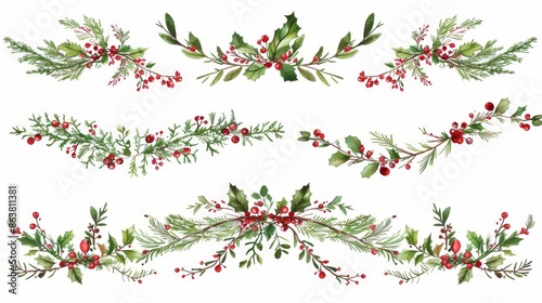 Floral holly berry Christmas dividers, borders, delimiters, flourishes, for winter decorations and invitation cards.