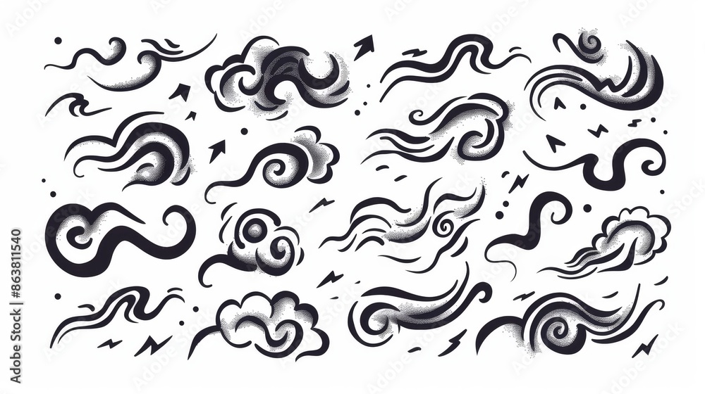 In doodle line art, windblown waves and curls, modern icons of wind blowing, autumn wind blowing in speed motion, windy spiral clouds of breeze.